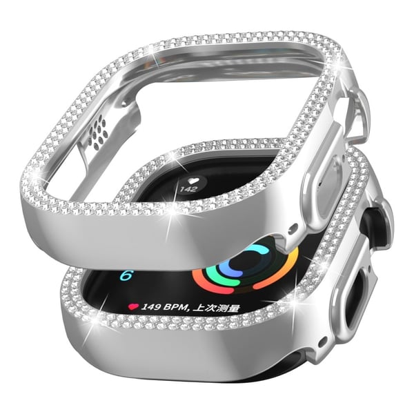 Apple Watch Ultra-dekordeksel med to rader med rhinestone - Sølv Apple Watch Ultra-dekordeksel med to rader med rhinestone - Sølv