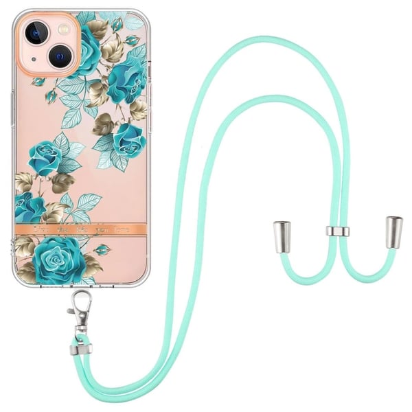 Slim og Slitesterk Softcover med Lanyard til iPhone 15 - Hc002 Blue Rose