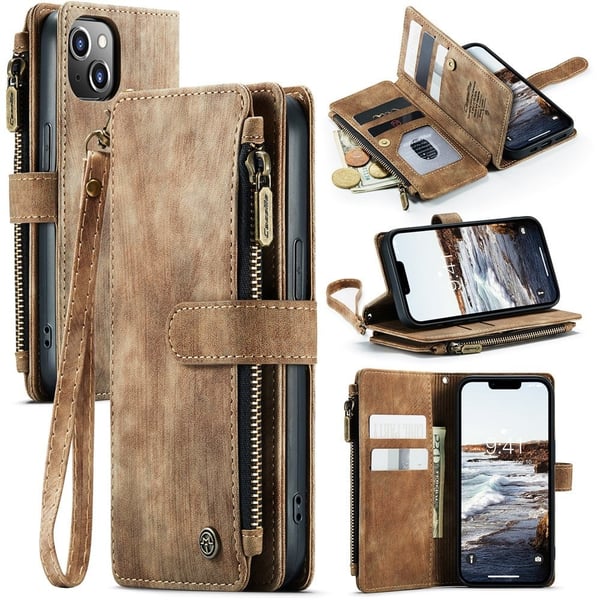 CaseMe vetoketjullinen lompakko-puhelinkotelo iPhone 15 Plus - Ruskea CaseMe vetoketjullinen lompakko-puhelinkotelo iPhone 15 Plus - Ruskea