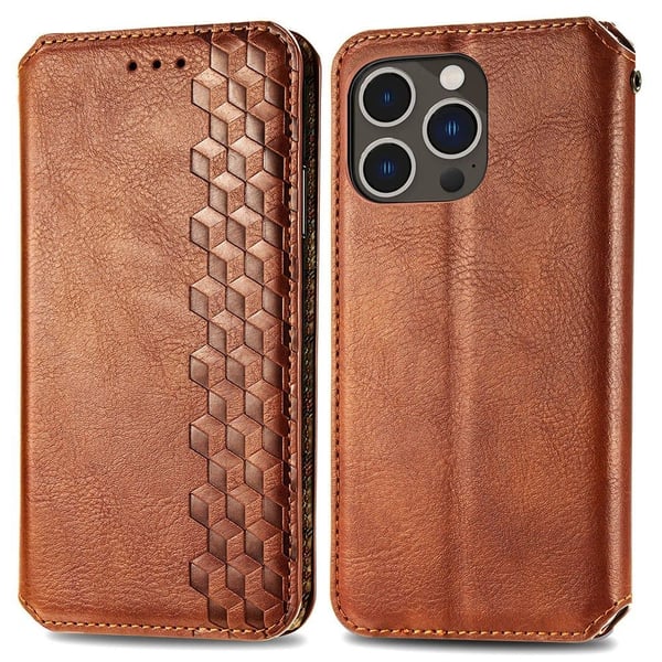 Læretui med A Stilfull Rhombus Imprint til iPhone 15 Pro - Brun