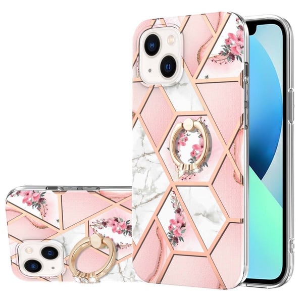 Marble Mønstret Deksel med Ring Holder til iPhone 15 - Rosa Blomster