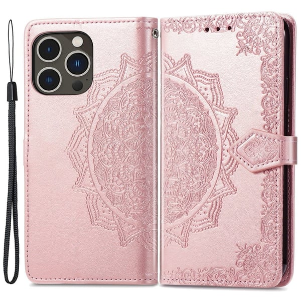 Mandala iPhone 15 Pro Flippetui - Rose Gull Mandala iPhone 15 Pro Flippetui - Rose Gull