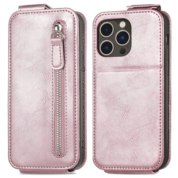 Vertical Flip Phone Etui med Zipper til iPhone 15 Pro Max - Rose Gull