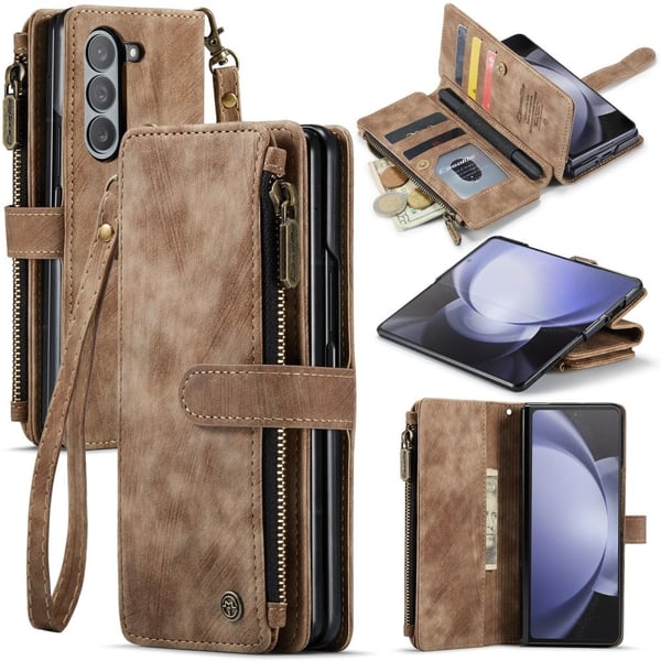 CaseMe telefonetui med glidelås og lommebok for Samsung Galaxy Z Fold5 - Brun