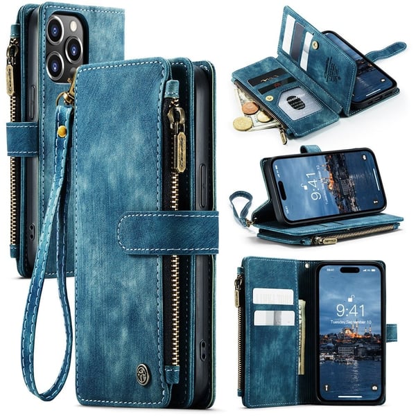 CaseMe iPhone 15 Pro etui med lynlås og pung - Blå