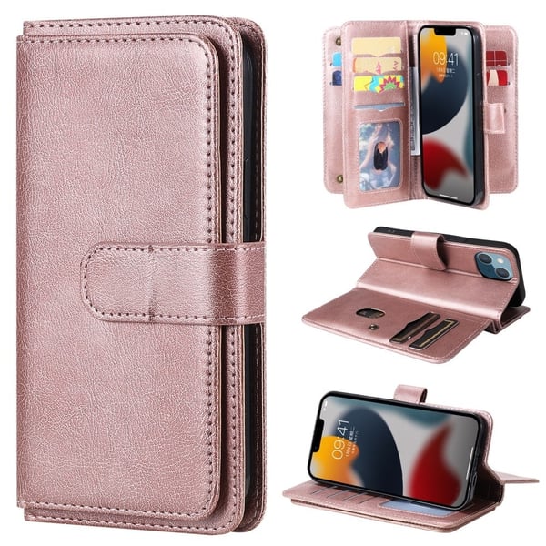 10-slot Lompakko Suojakotelo For iPhone 15 Plus - Ruusukulta