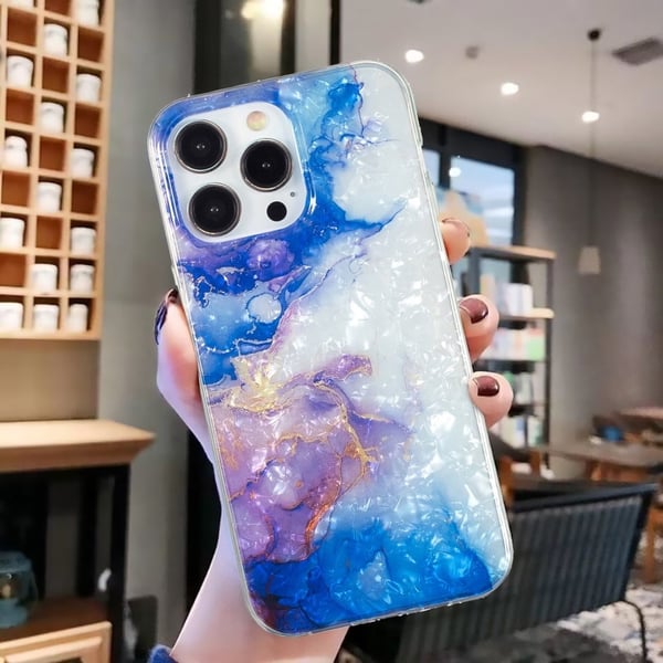 Marble iPhone 15 Pro Max Etui - Sky Blue Lilla Klinkekule