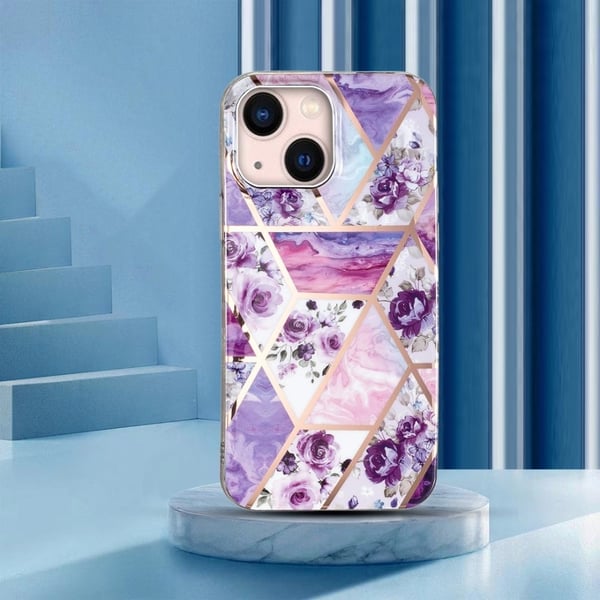 Marble iPhone 15 Plus Etui - Lilla Blomster / Klinkekule