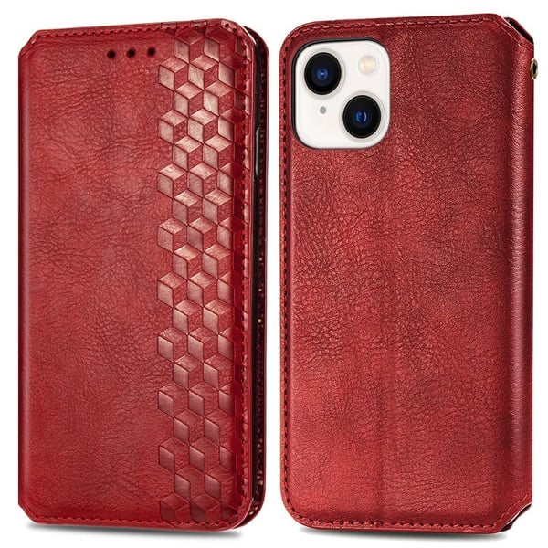 Læretui med A Stilfull Rhombus Imprint til iPhone 15 Plus - Rød