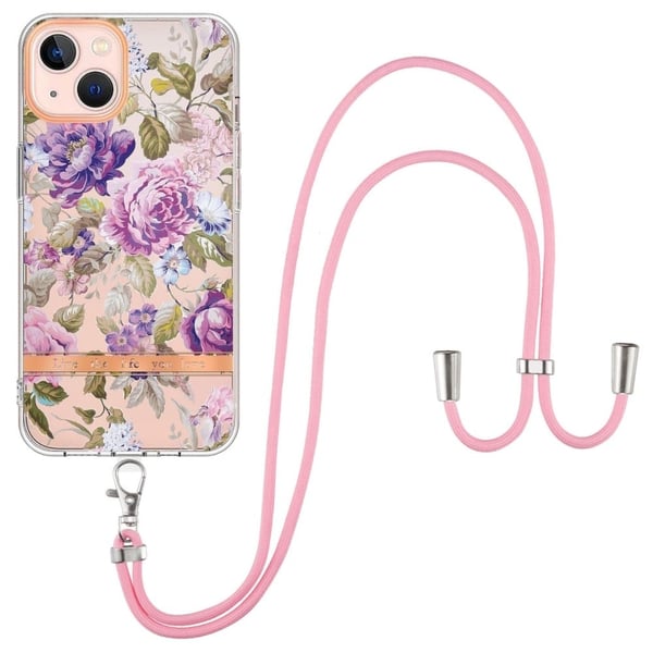 Slim og Slitesterk Softcover med Lanyard til iPhone 15 Plus - Hc006 Lilla Pion