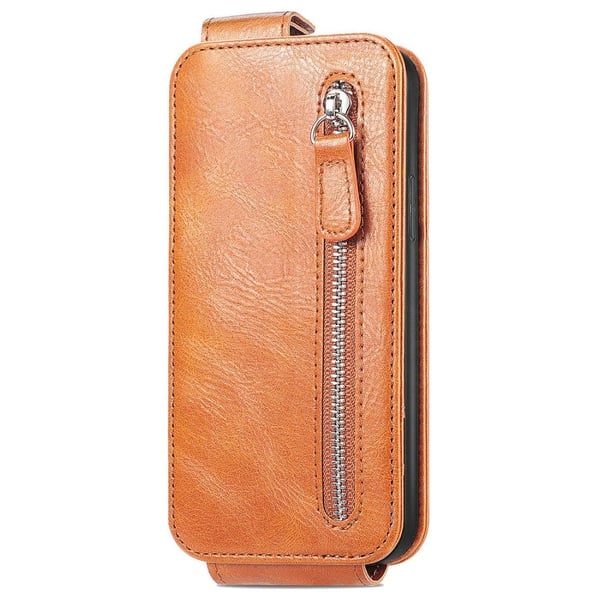 Vertical Flip Phone Etui med Zipper til iPhone 15 Pro Max - Brun