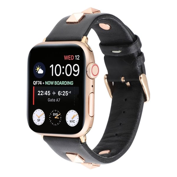 Apple Watch Series 4 44mm Ekte Skinn Rose Gull Lås Klokkereim - Svart