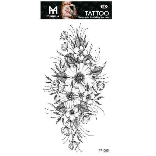 Midlertidig Tatovering 19 x 9cm - Sort/hvid blomsterrabat