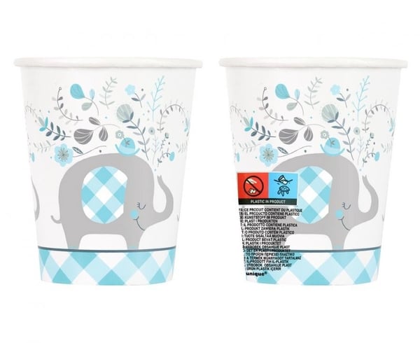 Blå papirkopper med elefantmotiv, 8-pakning, 266 ml