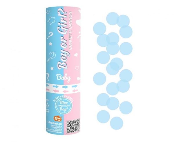 Konfetti shooter til bryllup, dreng eller pige, 15 cm med blå konfetti