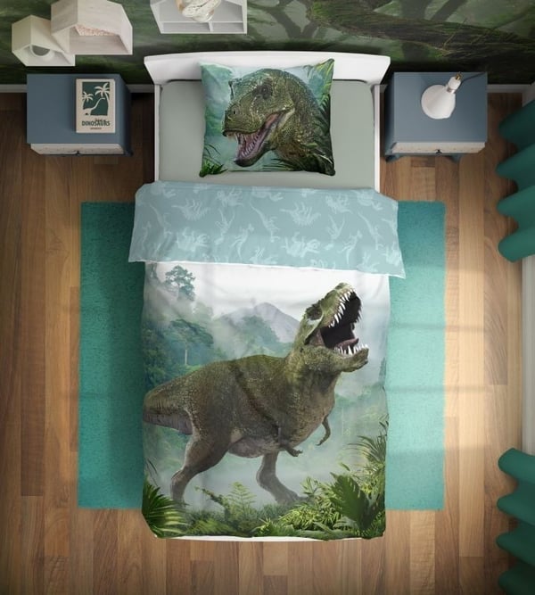 Sengesett med Dinosaur T-Rex, Skogmotiv 140×200 cm, 70×90 cm