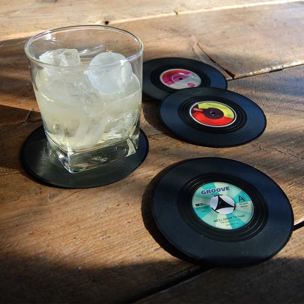 4-Pak - Glasunderlag Vinylplader - Underlag til Glas