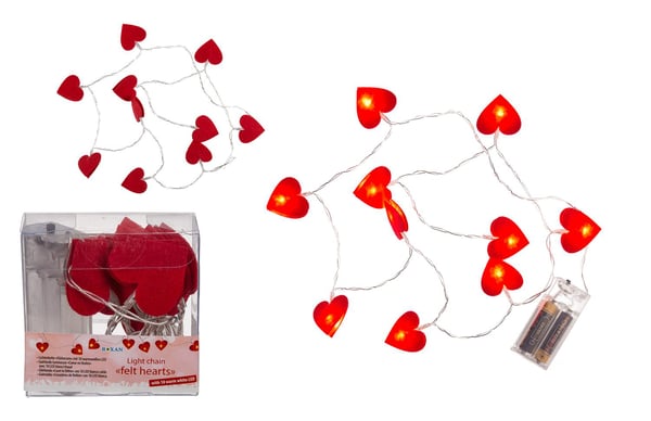Lyskæde Hjerter / LED-kæde - 120cm - Røde Hjerter