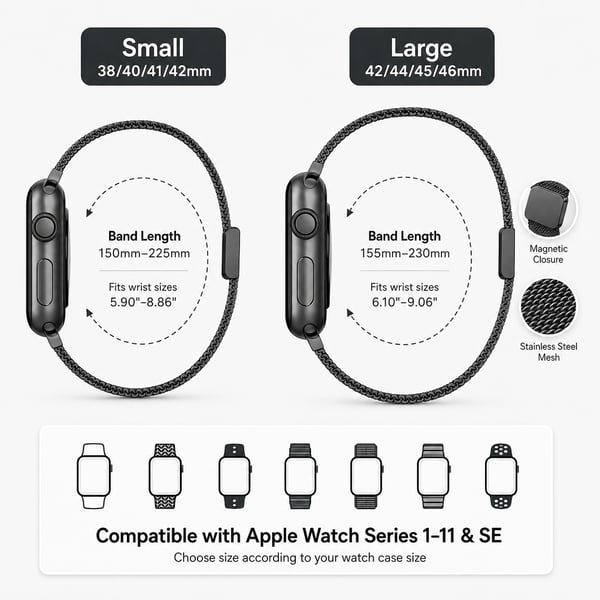 Magnetisk Klokkereim til Apple Watch Series 1–11 & SE - 38/40/41/42 mm - 42/44/45/46 mm - Small (Black)