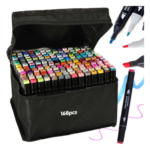 168-Pack Tuschpennor med Fodral - Färgpennor Dubbelsidiga Pennor MultiColor