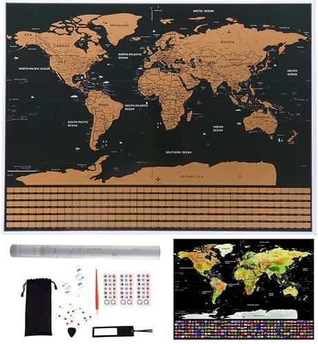 Karta med Skrapa med Accessoarer / Scratch Map / Världskarta - 82 x 59 cm