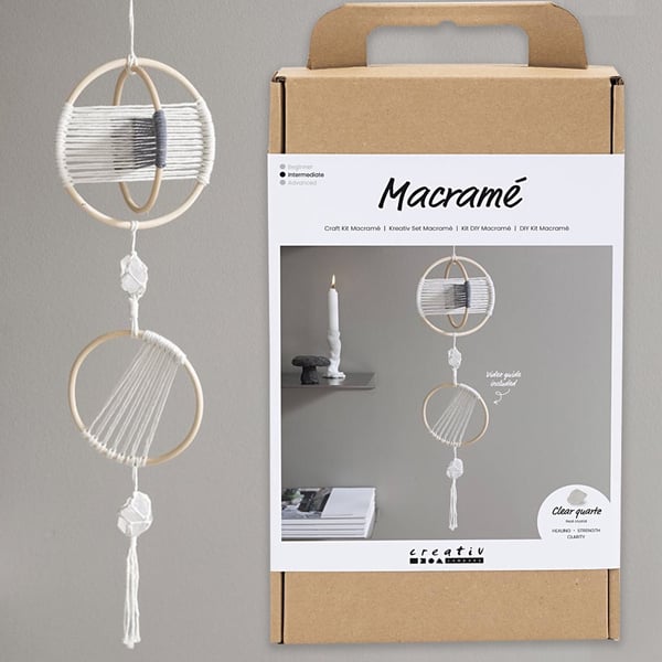 DIY Pysselkit - Makramé Mobil Med Kristaller - Grå, Off White