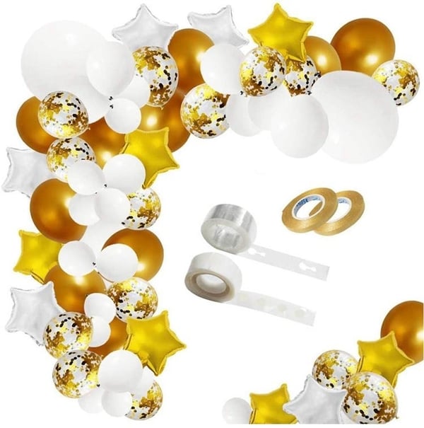 Ballongbåge Vit &amp; Guld | 119 st med 10st Stjärna 4D Ballonger