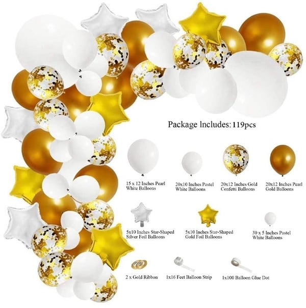 Ballongbåge Vit &amp; Guld | 119 st med 10st Stjärna 4D Ballonger