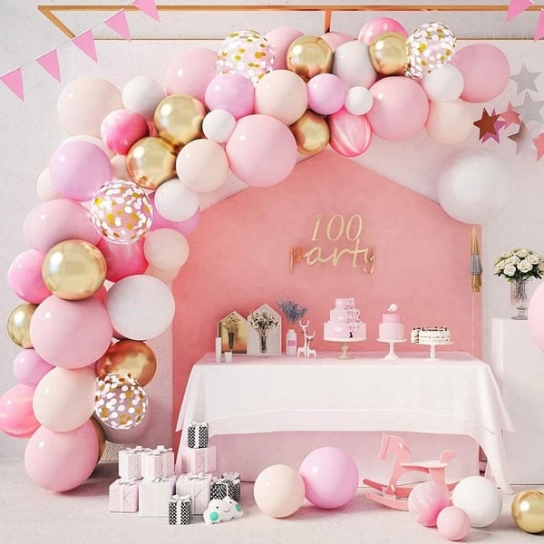 Ballongbåge -  Rosa/Guld/Vit 140st Starka Ballonger