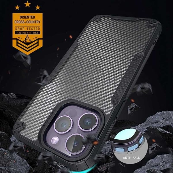 Iskunkestävä suojus läpinäkyvällä Carbon Design Legend iPhone 13 Pro:lla