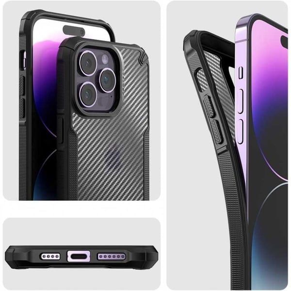 Iskunkestävä suojus läpinäkyvällä Carbon Design Legend iPhone 15 Pro:lla