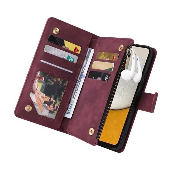 Samsung S25 Plus Multifunktionellt Plånboksfodral Zipper 8-Fack Vinröd