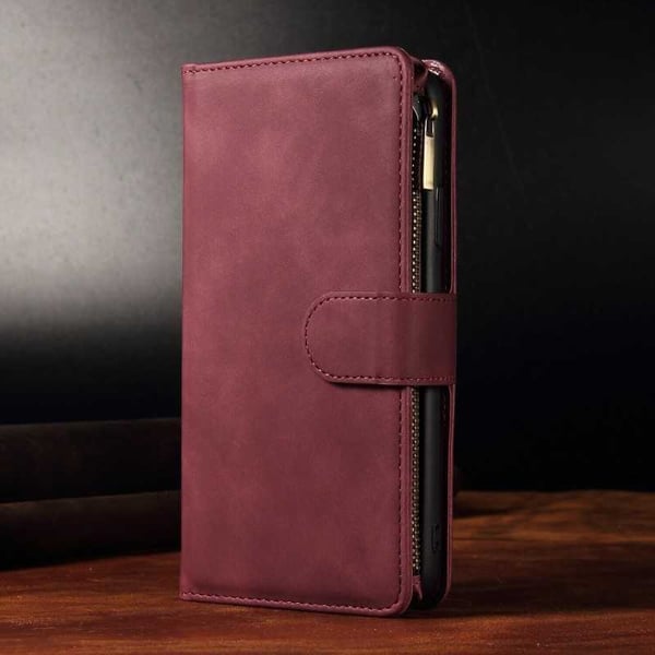 Samsung S25 Plus Multifunktionellt Plånboksfodral Zipper 8-Fack Vinröd