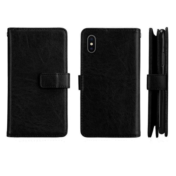 käytännöllinen iPhone XS -lompakkokotelo 2in1 11 lokerolla