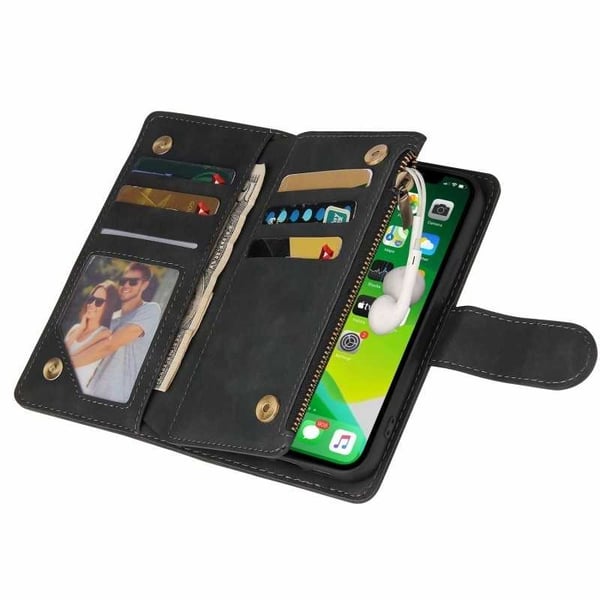 iPhone 15 monitoiminen lompakkokotelo, vetoketjullinen 8 taskua