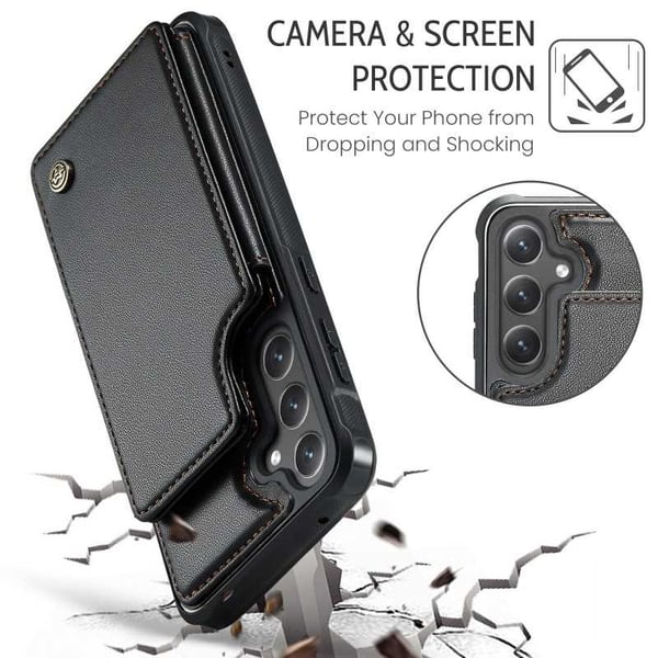 CaseMe iskunkestävä kansi korttitelineen jalusta 4-lokeroinen Samsung S23 FE musta