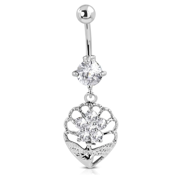 Navelpiercing Navel Piercing i Kirurgiskt Stål 316L i Silver Färg - Blomma / Löv med Klara CZ Kristaller Navelpiercing Navel Piercing i Kirurgiskt Stål 316L i Silver Färg - Blomma / Löv med Klara CZ Kristaller