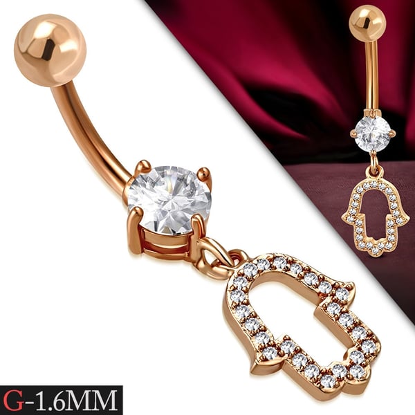 Navelpiercing Navel Piercing i Kirurgiskt Stål 316L i Rosé Guld Färg - Fatimas Hand med Klara CZ Kristaller