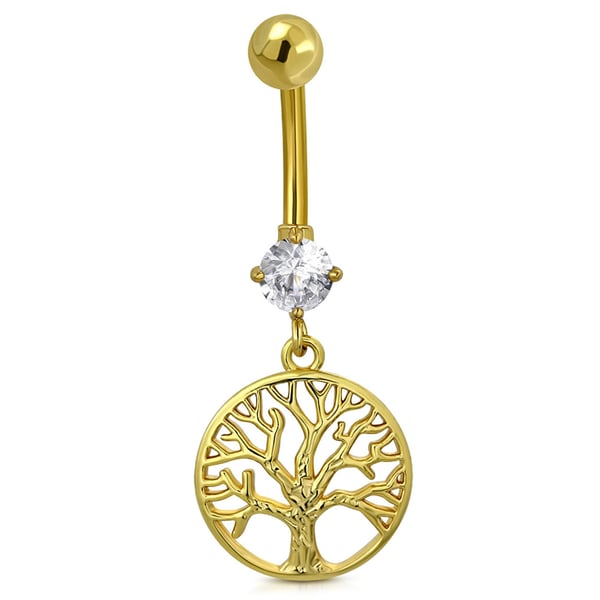 Navelpiercing Navel Piercing i Kirurgiskt Stål 316L i Guld Färg - Livets Träd & Klar CZ Kristall