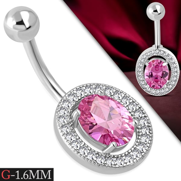 Navelpiercing Navel Piercing i Kirurgiskt Stål 316L i Silver Färg - Oval med Klara & Rosa CZ Kristaller