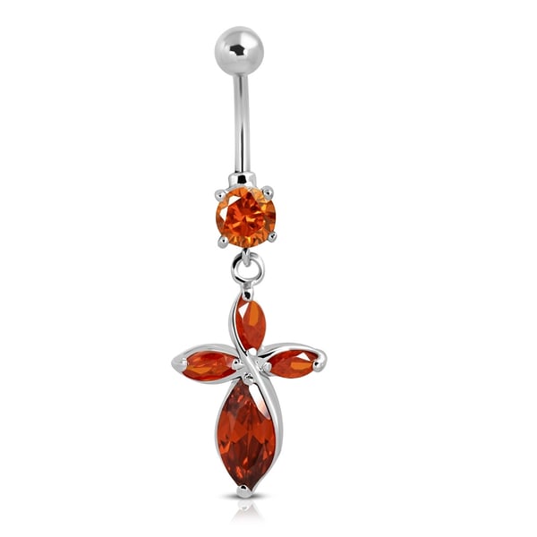 Navelpiercing Navel Piercing i Kirurgiskt Stål 316L i Silver Färg - Kors med Orange-Röda CZ Kristaller