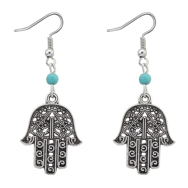 Bohemian Chic Örhängen i Tibetsilver med Fatimas Hand & Turkosa Pärlor
