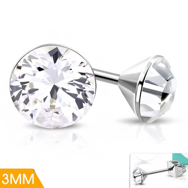 Stiftörhängen Stud Örhängen i Kirurgiskt Stål 316L i Silver Färg med Rund Klar Stellux Kristall - 3 mm