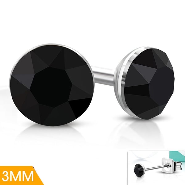 Stiftörhängen Stud Örhängen i Kirurgiskt Stål 316L i Silver Färg med Rund Svart Stellux Kristall - 3 mm