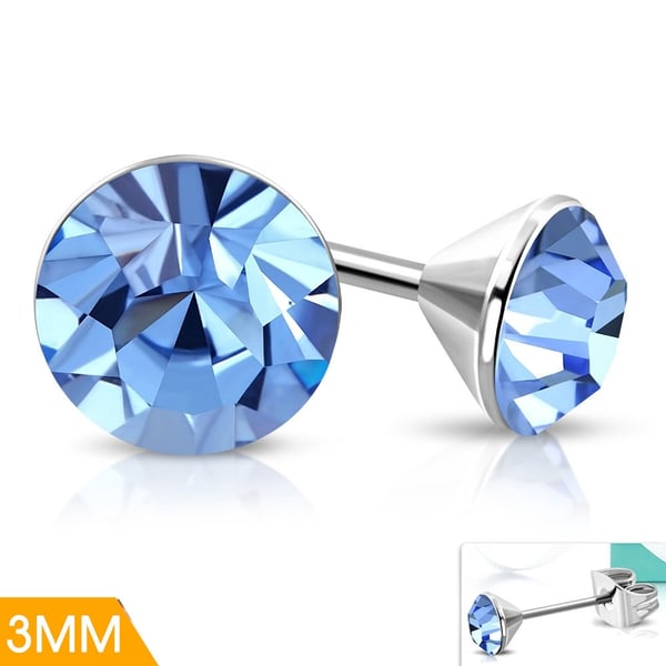 Stiftörhängen Stud Örhängen i Kirurgiskt Stål 316L i Silver Färg med Rund Ljus Blå Stellux Kristall - 3 mm Stiftörhängen Stud Örhängen i Kirurgiskt Stål 316L i Silver Färg med Rund Ljus Blå Stellux Kristall - 3 mm