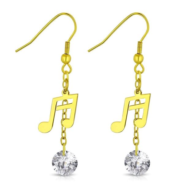 Guld Örhängen / Stiftörhängen i Kirurgiskt Stål 316L med Kedja, Not / Musiknot med Klar Cubic Zirconia - Guldpläterade