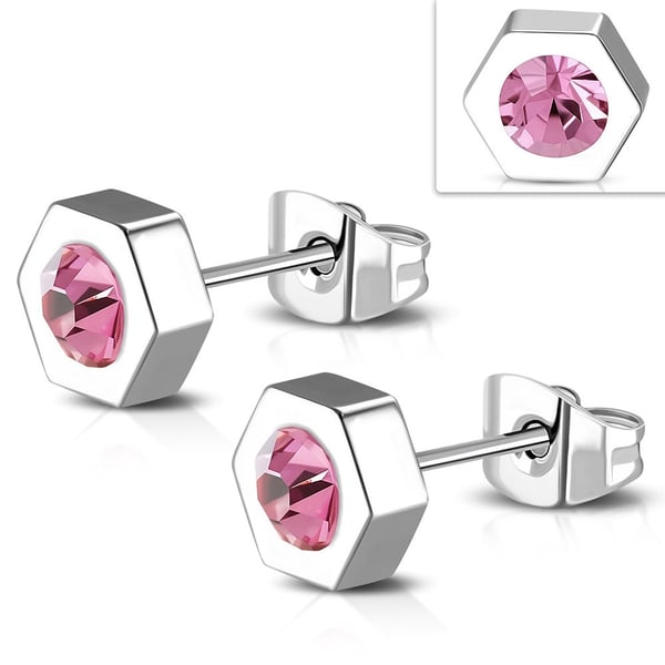 Stiftörhängen Stud Örhängen i Kirurgiskt Stål 316L i Silver Färg - Sexhörning / Hexagon med Rosa Cubic Zircon Stiftörhängen Stud Örhängen i Kirurgiskt Stål 316L i Silver Färg - Sexhörning / Hexagon med Rosa Cubic Zircon