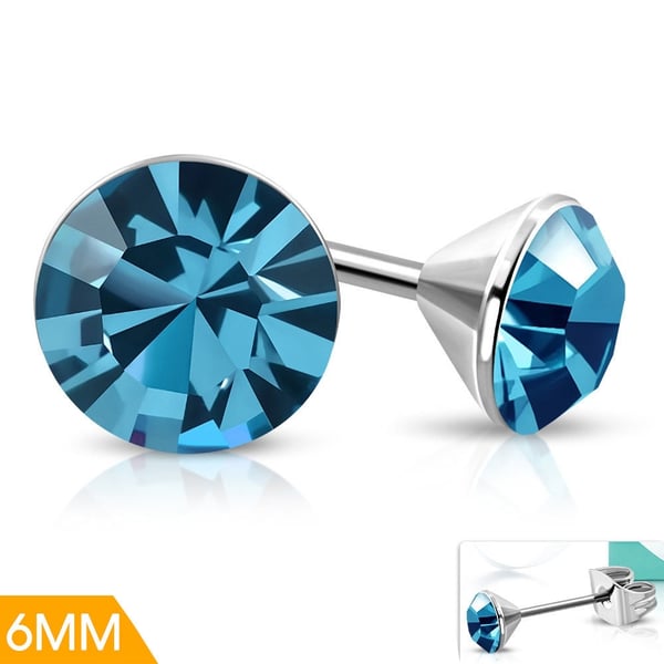 Stud Örhängen Stiftörhängen i Kirurgiskt Stål 316L i Silver Färg - Rund Turkos Cubic Zircon Kristall / Bezelfattning – 6 mm