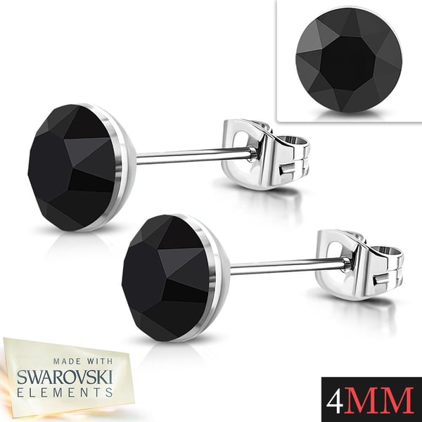 Stiftörhängen Stud Örhängen i Kirurgiskt Stål 316L i Silver Färg med Rund Svart Swarovski® Kristall – 4 mm