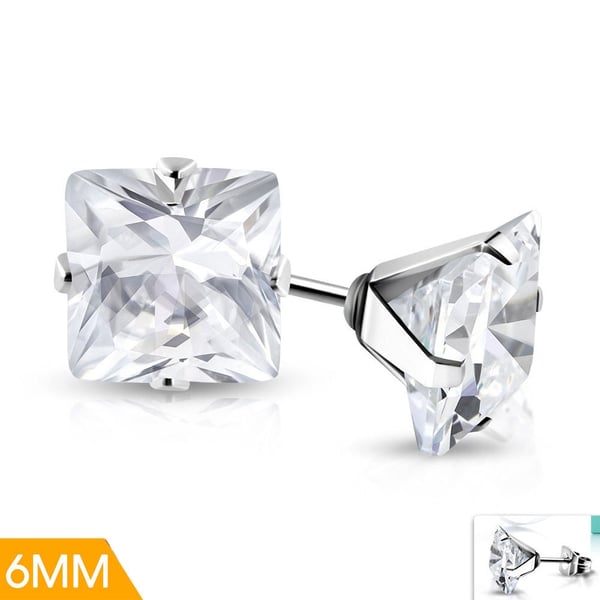 Stiftörhängen Stud Örhängen i Kirurgiskt Stål 316L i Silver Färg med Fyrkantig Vit/Klar Cubic Zircon Kristall - 6 mm